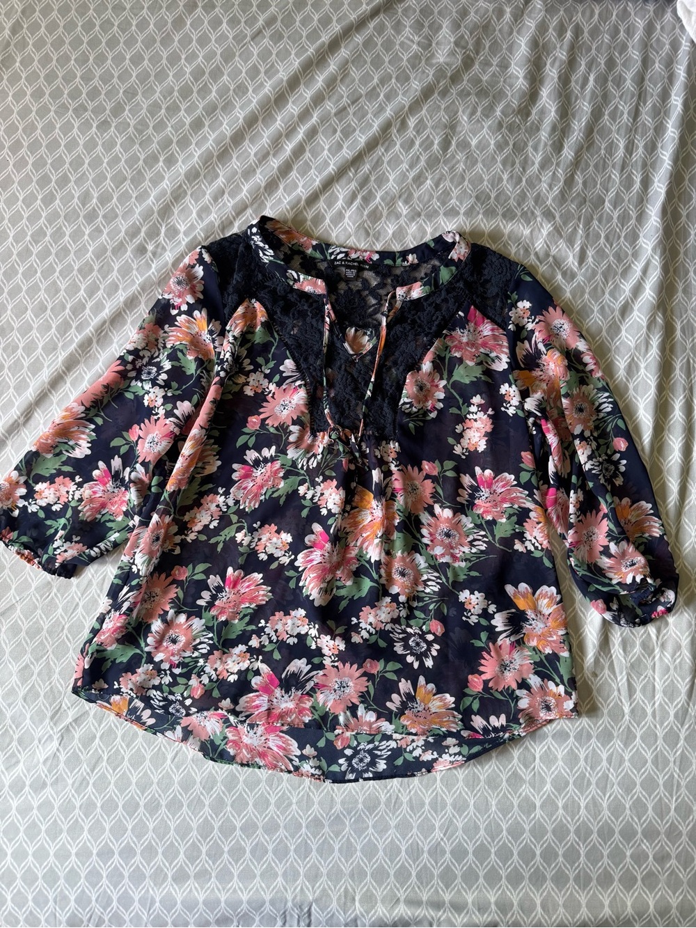 Zac & Rachel Navy Floral Lace-Trim Peasant Top